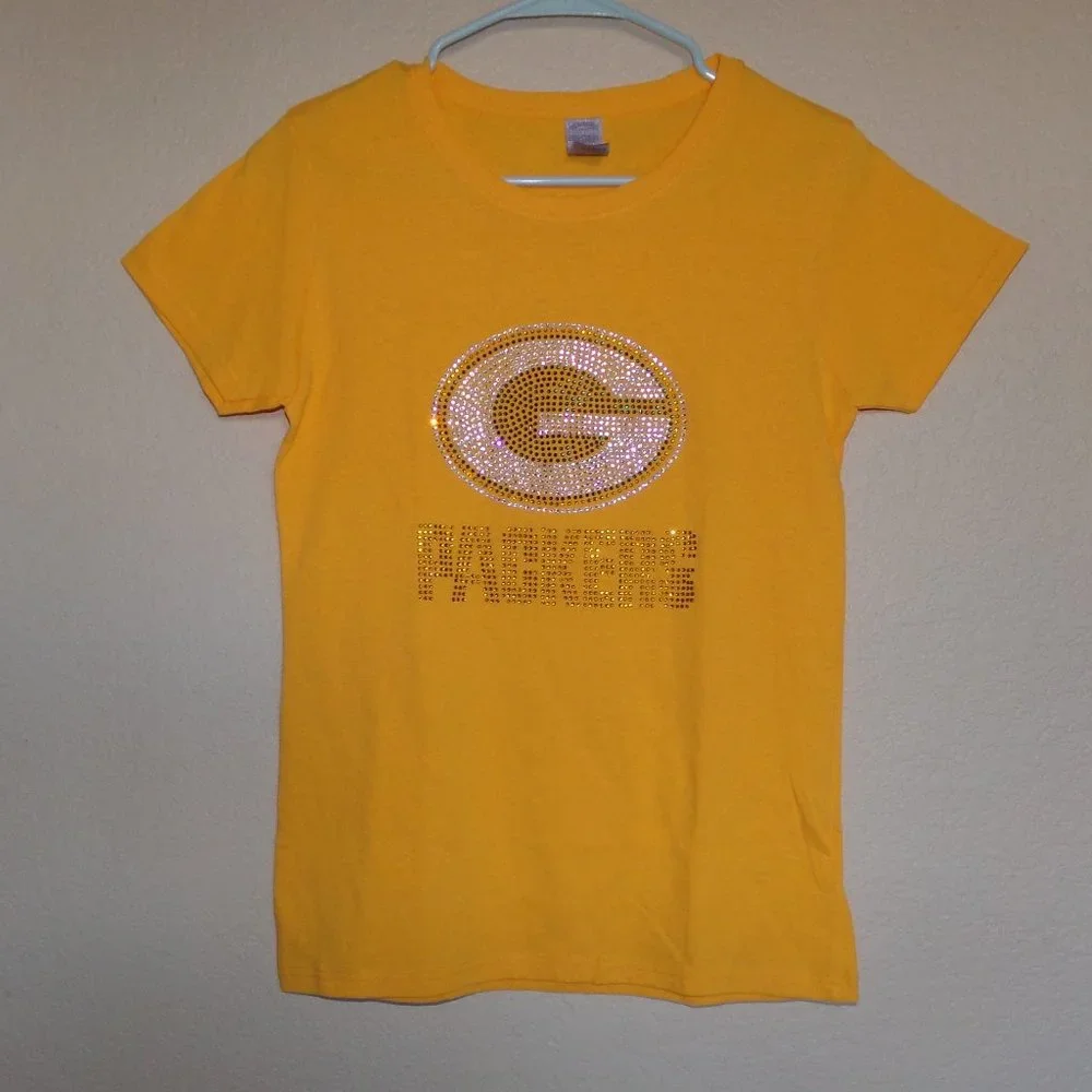 G Packers Football T Shirt Sequins  Medium Gold - Picture 2 of 2